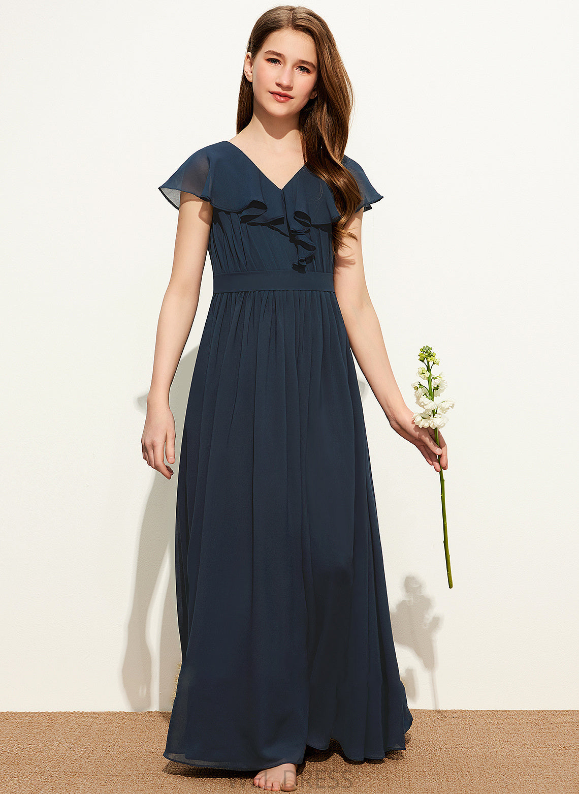 Bow(s) Karen Chiffon Ruffles A-Line V-neck Floor-Length Junior Bridesmaid Dresses With Cascading