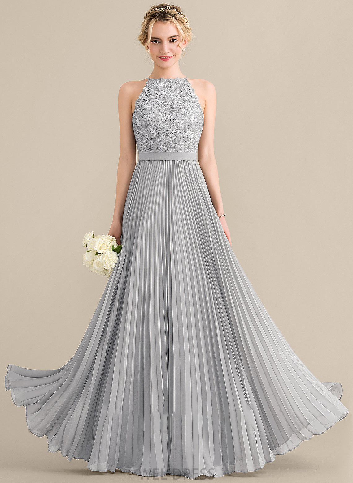 Lace Neck With Carleigh Pleated Floor-Length A-Line Scoop Prom Dresses Chiffon