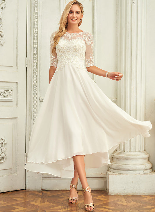 Sequins Rebekah Wedding Asymmetrical Lace Neck With Chiffon Dress Wedding Dresses Beading A-Line Scoop