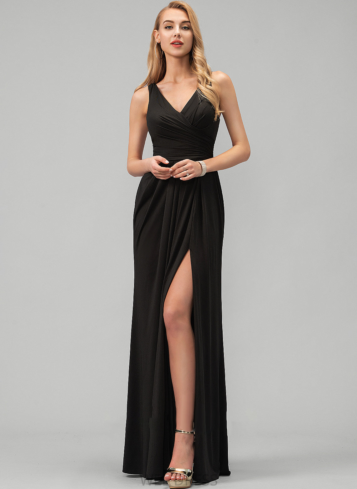 Floor-Length Prom Dresses Front Split Brynlee Ruffle A-Line With V-neck Jersey