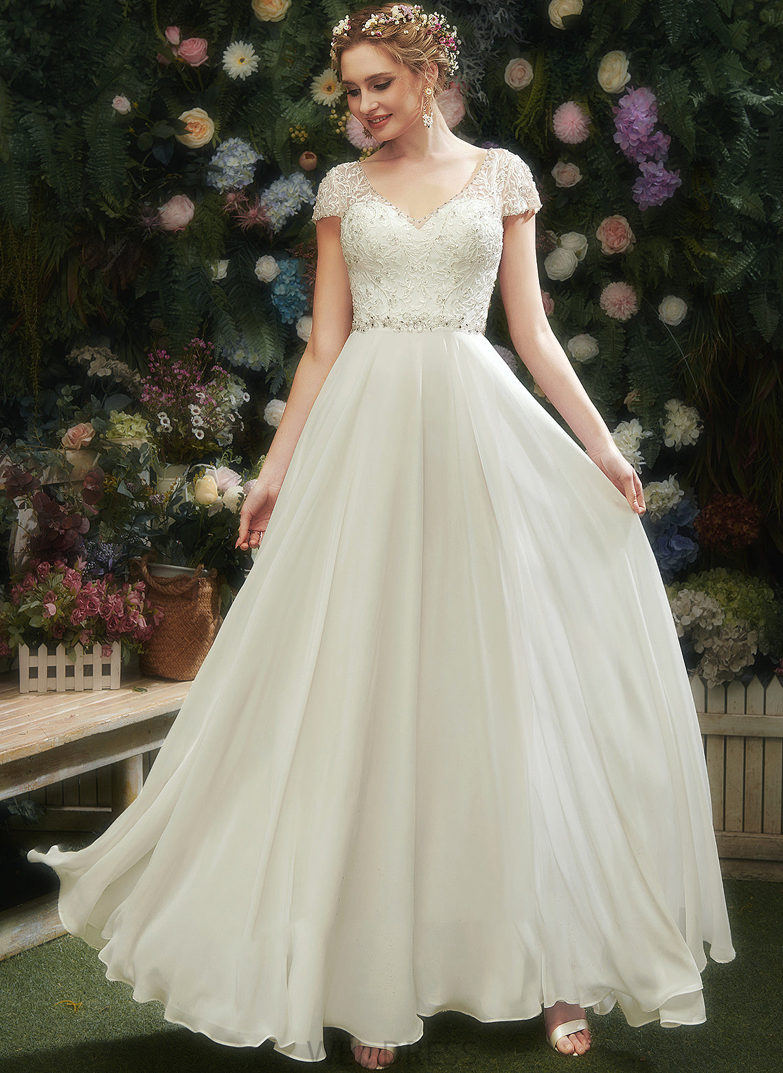 Floor-Length Lace Wedding Dresses Teresa V-neck With Dress Beading Sequins A-Line Wedding
