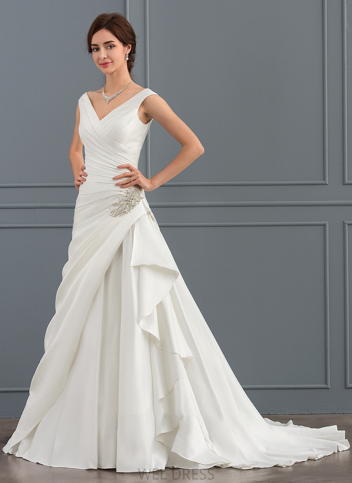 Wedding Dresses Wedding Dress A-Line With Arely Satin V-neck Court Beading Train