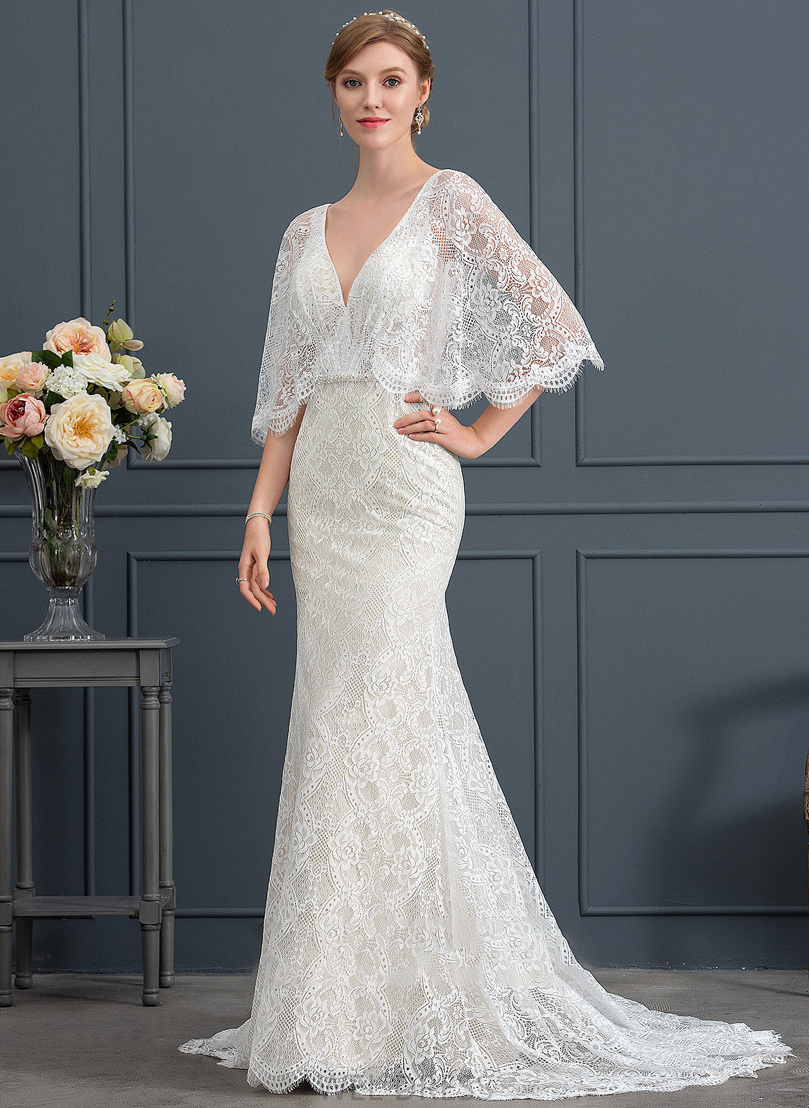 Wedding Lace Trumpet/Mermaid Beading Wedding Dresses Train Sweep V-neck With Sequins Dress Carla