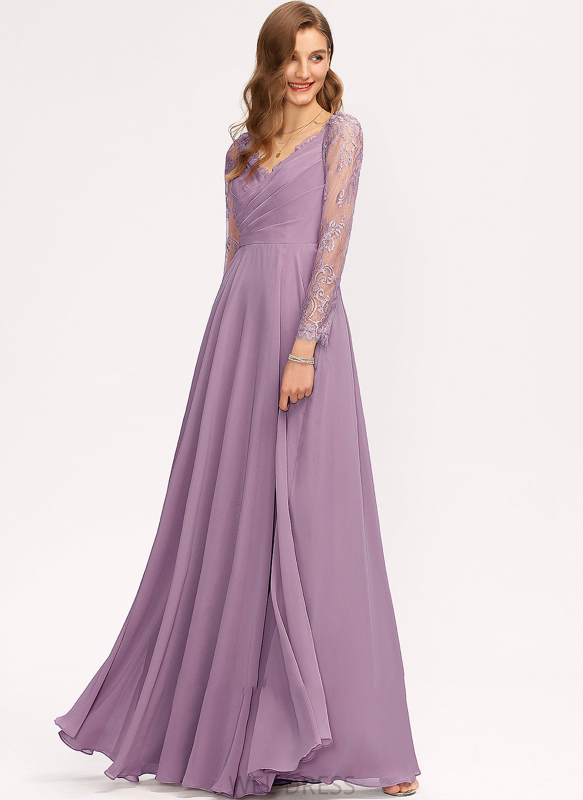 Neckline Straps Floor-Length A-Line V-neck Lace Length Fabric Silhouette Haylie Natural Waist A-Line/Princess
