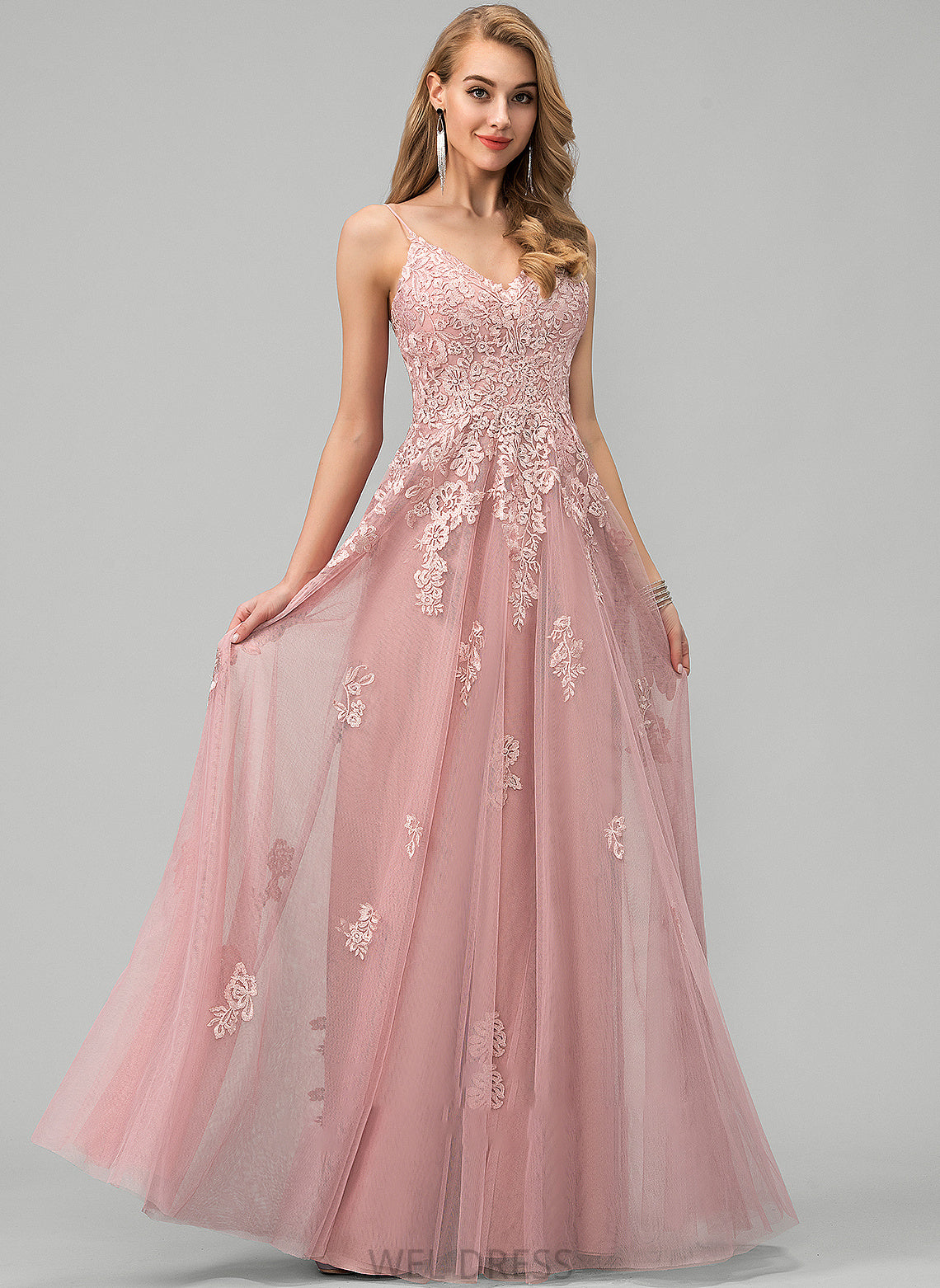 Melanie Tulle Prom Dresses Lace V-neck Floor-Length With Ball-Gown/Princess