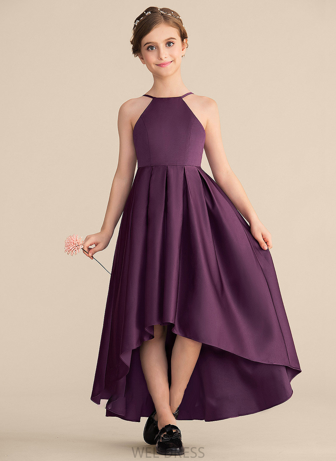 A-Line Junior Bridesmaid Dresses Satin Neck Ruffle Marilyn Scoop Asymmetrical With