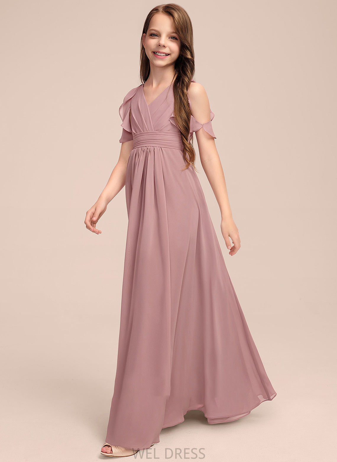 Cascading Ruffles Chiffon V-neck Floor-Length A-Line Autumn Junior Bridesmaid Dresses With