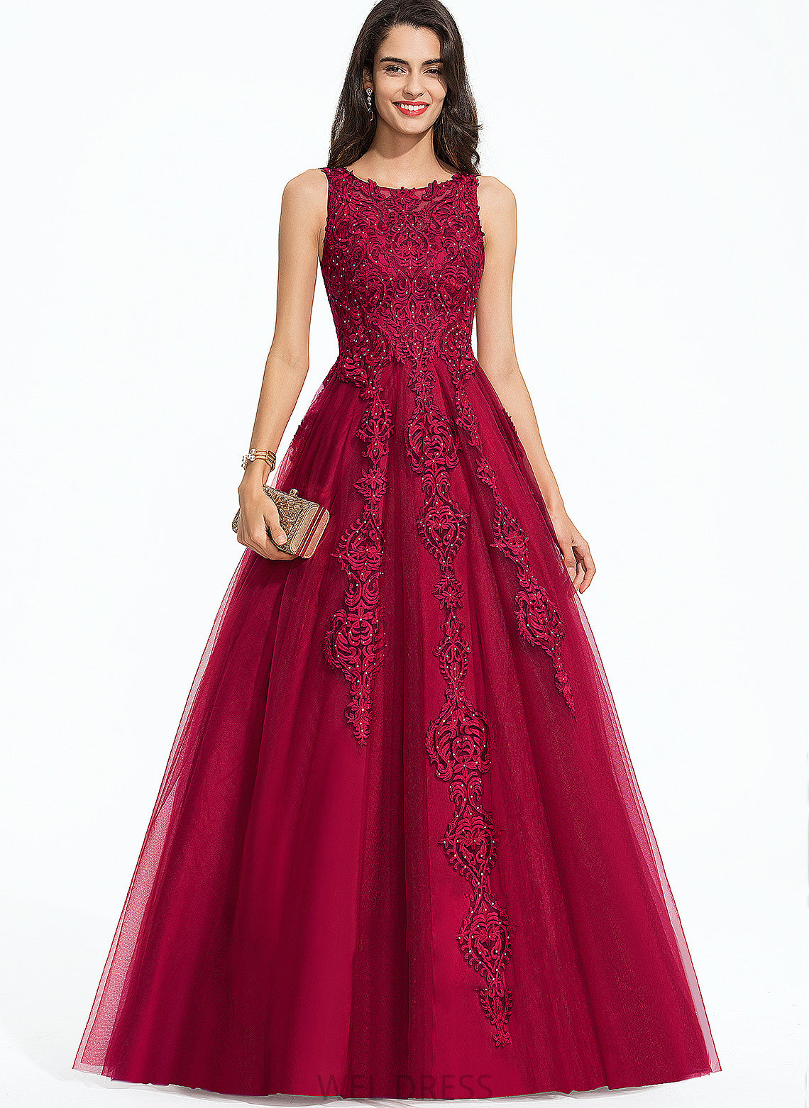 Alondra Scoop Neck Sweep Tulle Ball-Gown/Princess Beading With Train Prom Dresses