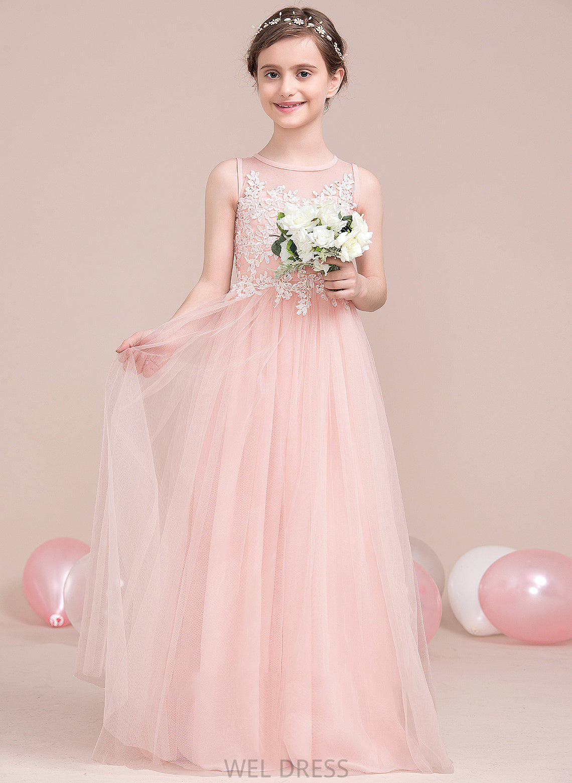 Angelina Sequins A-Line Scoop Neck Floor-Length With Junior Bridesmaid Dresses Beading Tulle