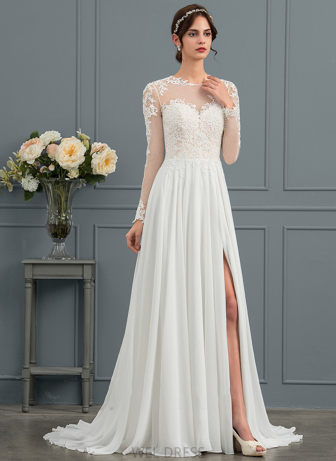 With Train Sweep Wedding Illusion Split Chiffon Appliques Caitlyn A-Line Lace Dress Wedding Dresses Front
