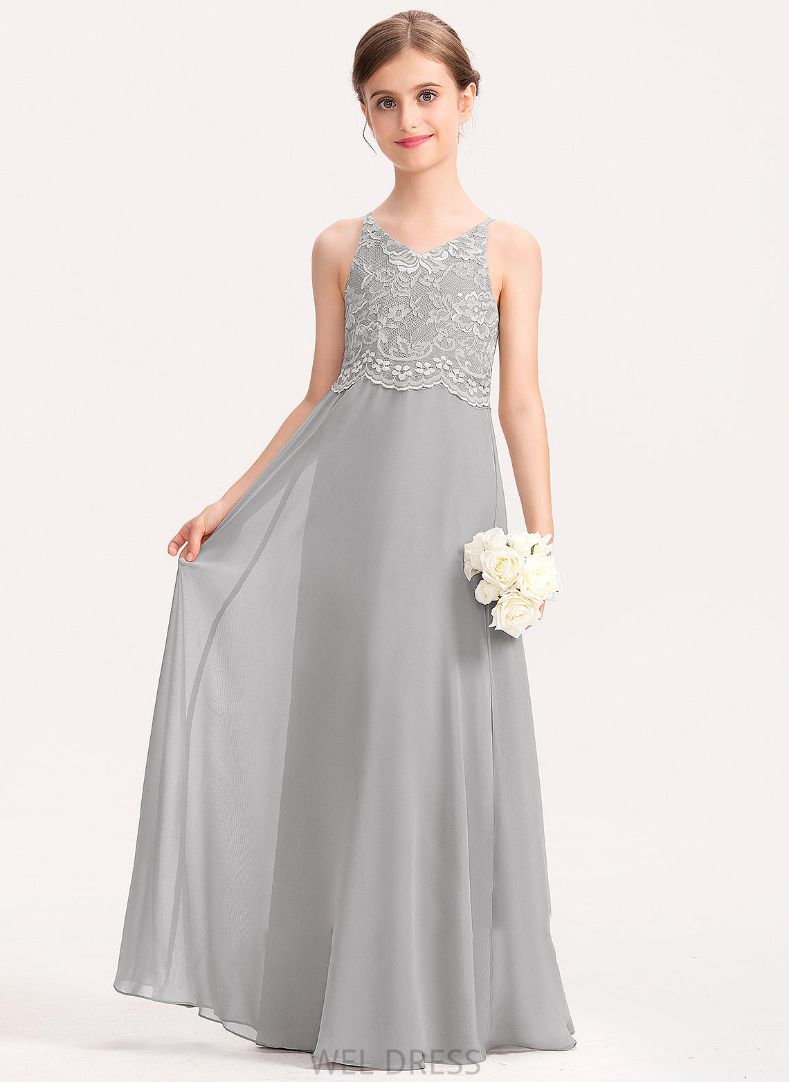 Floor-Length Lace Jazmin A-Line V-neck Junior Bridesmaid Dresses Chiffon