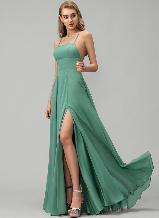 Pockets Prom Dresses Front Split Floor-Length Chiffon Square With Neckline A-Line Angeline