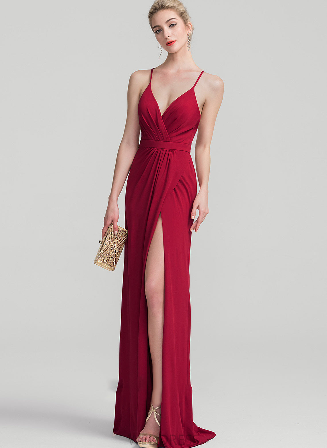 Lindsay Jersey Prom Dresses Ruffle Sheath/Column V-neck Floor-Length With