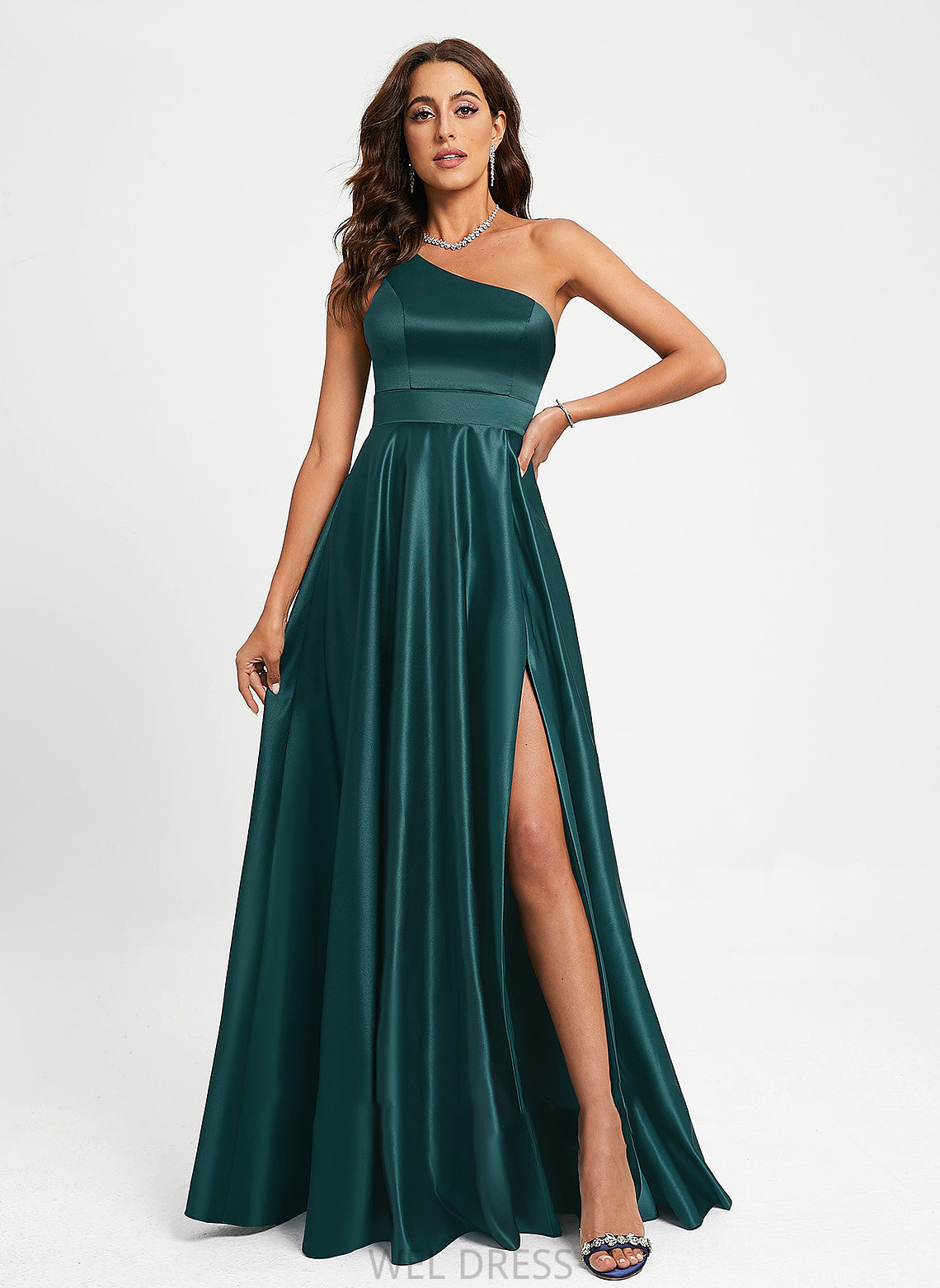 Prom Dresses Floor-Length With Beading One-Shoulder A-Line Satin Cristina