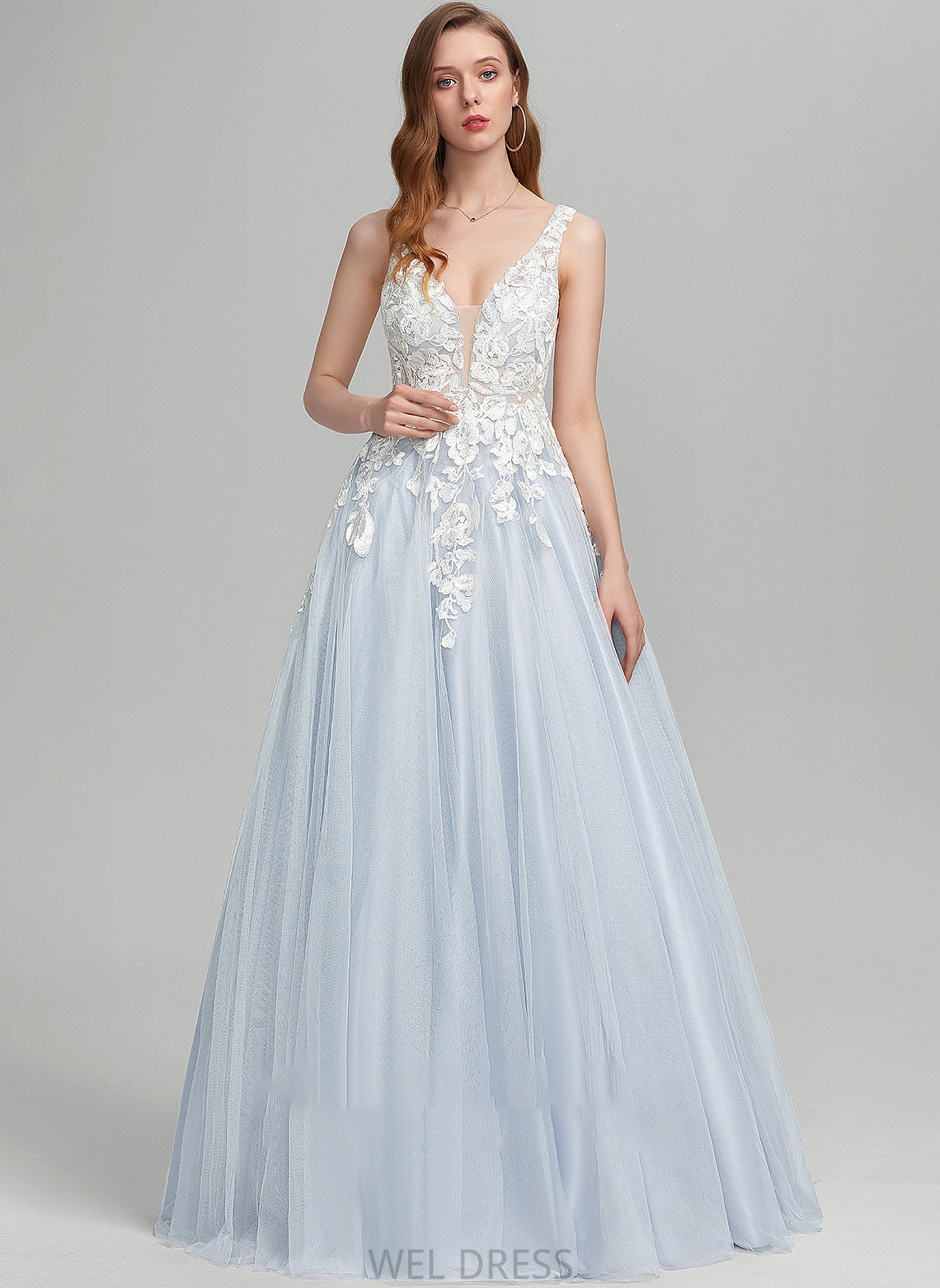 Ball-Gown/Princess Tulle V-neck Sarah Prom Dresses Floor-Length