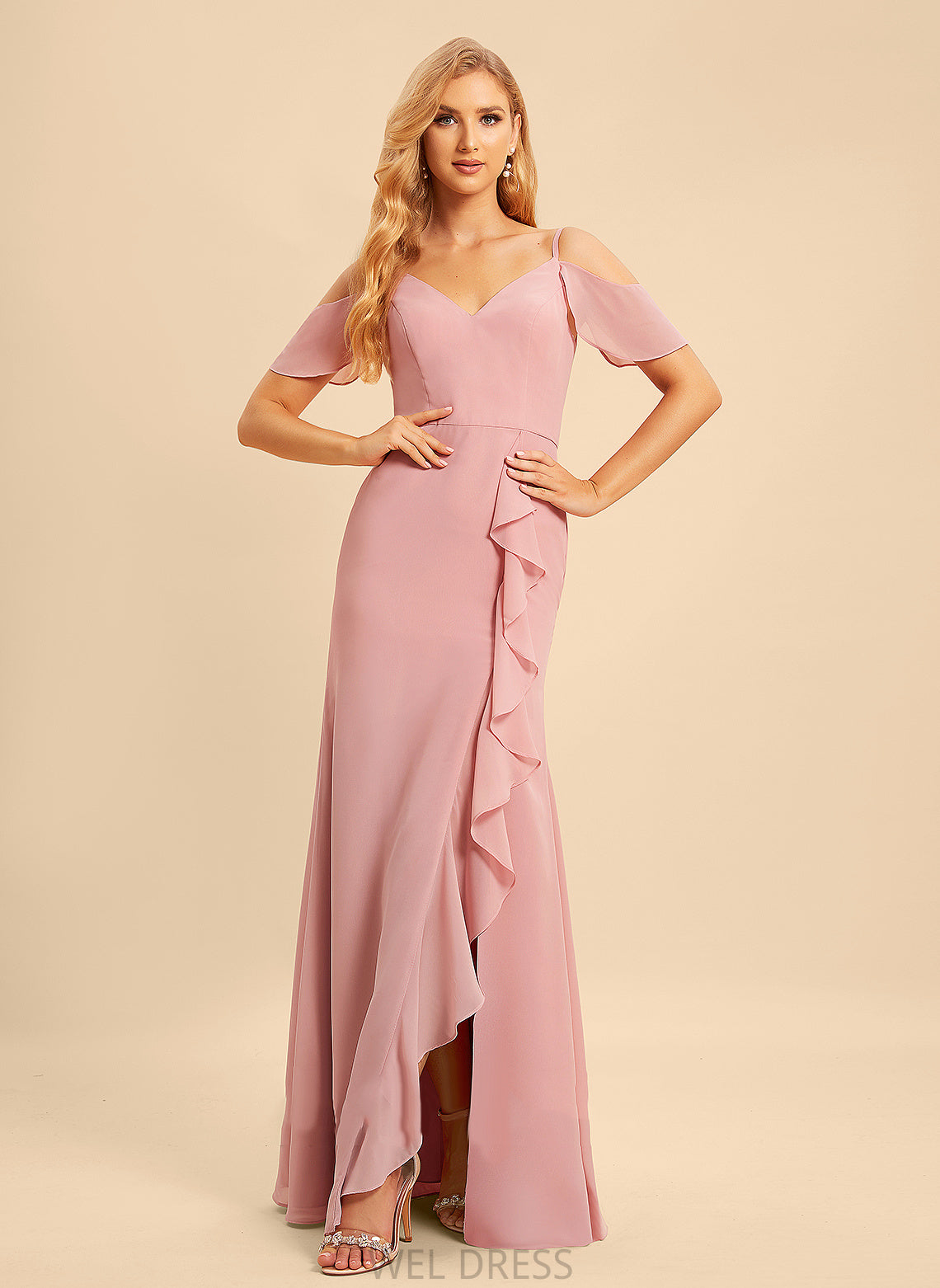Silhouette Neckline V-neck Fabric Embellishment Length Floor-Length A-Line Ruffle SplitFront Alexandra Natural Waist Bridesmaid Dresses