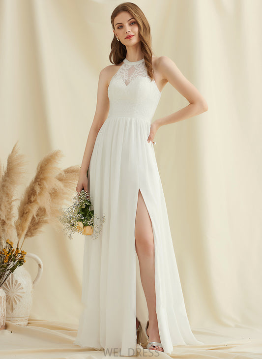 Lace A-Line Wedding Dress Floor-Length Neck Scoop Front Ireland Chiffon Split With Wedding Dresses
