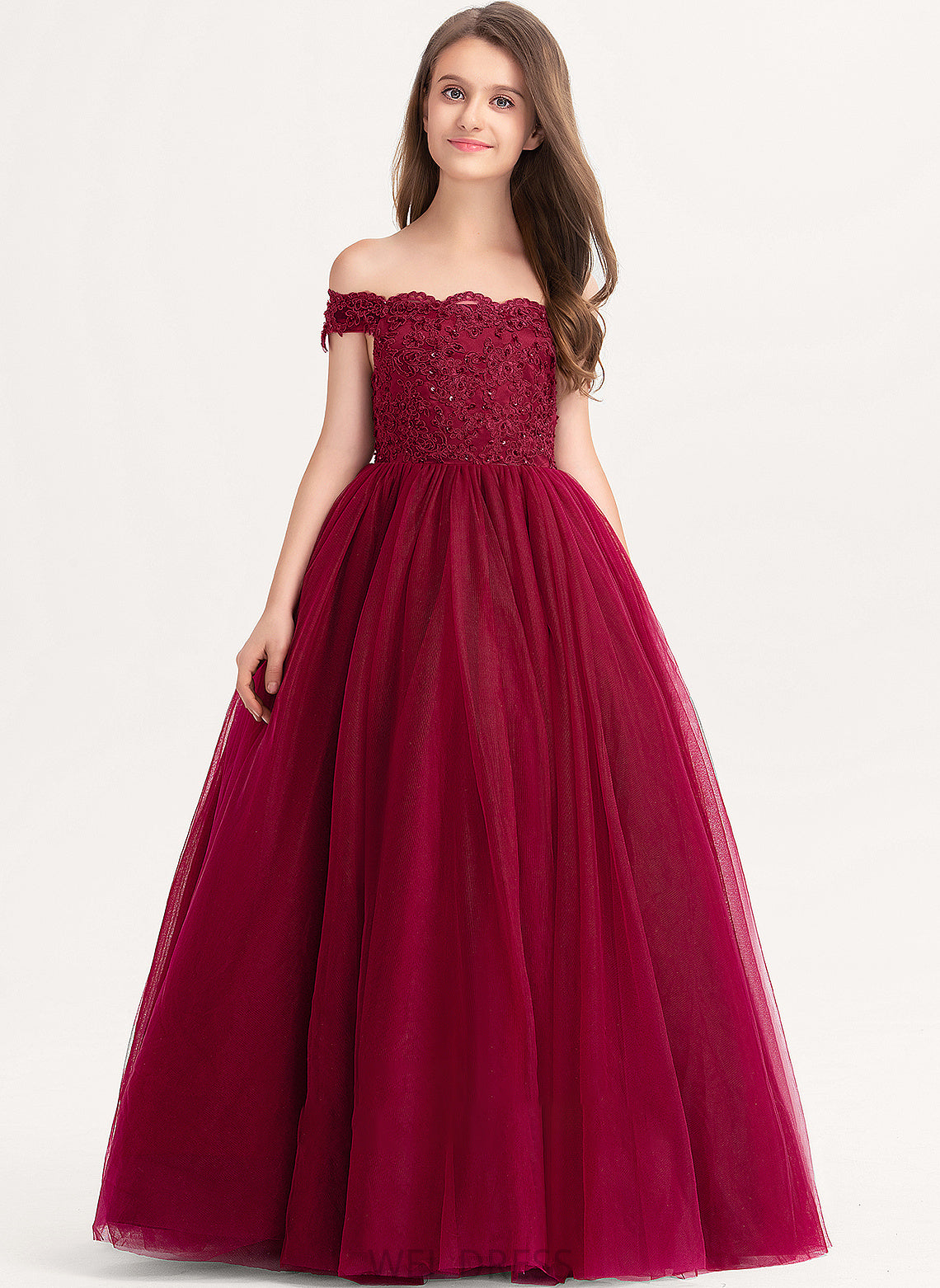 Beading Sequins Lace Ball-Gown/Princess Alyssa Tulle Junior Bridesmaid Dresses Floor-Length With Off-the-Shoulder