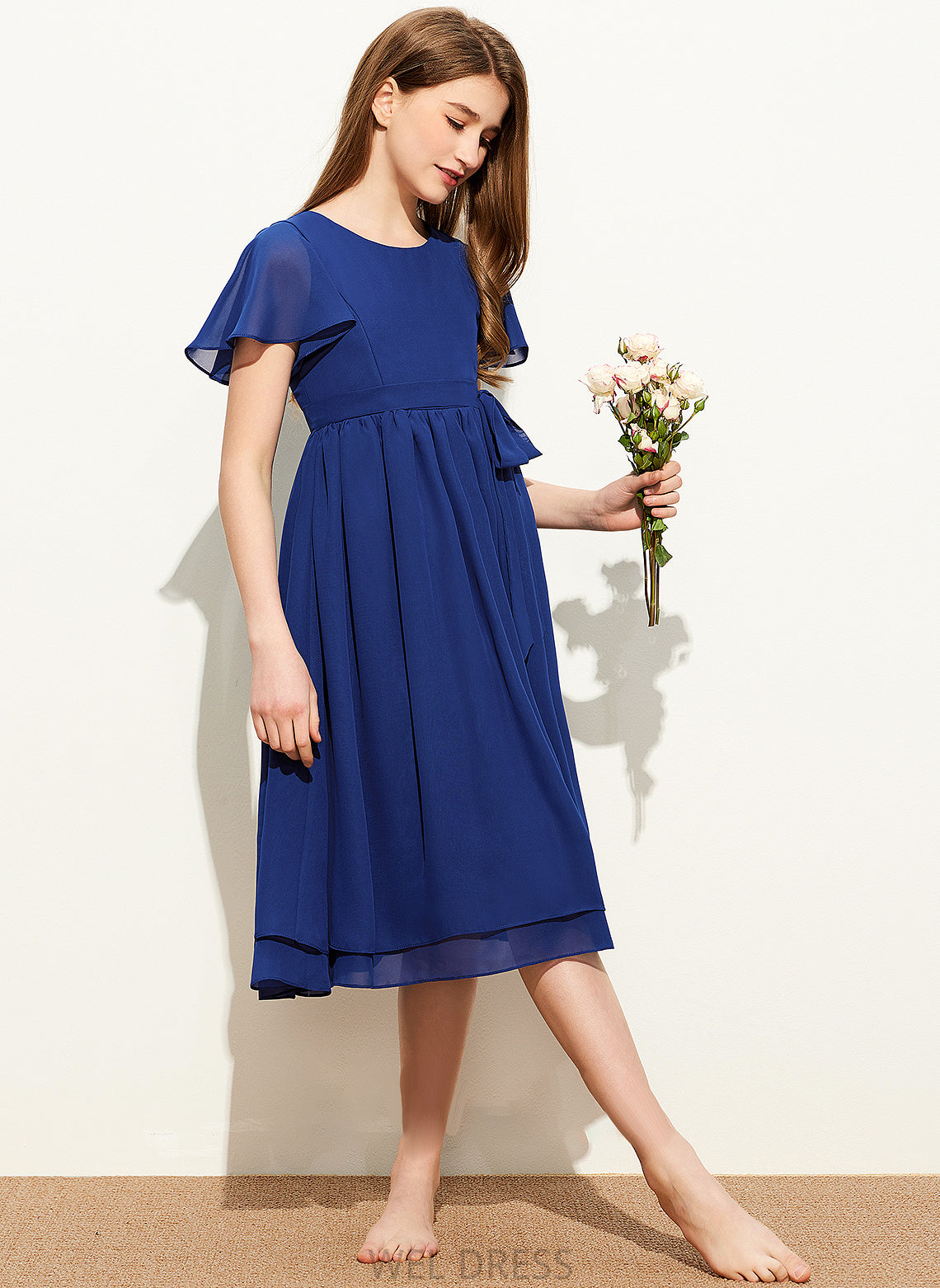 Junior Bridesmaid Dresses A-Line Bow(s) Scoop Chiffon Neck Belen Knee-Length With