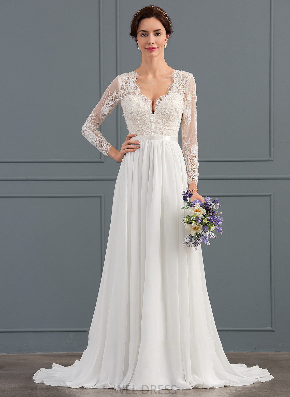 Sequins Dress Lucy Chiffon V-neck With Sweep Train Beading A-Line Wedding Wedding Dresses