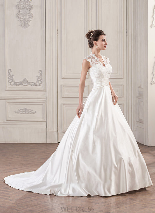 With Ball-Gown/Princess Lace Satin Wedding Court V-neck Train Wedding Dresses Dress Ruffle Abbigail