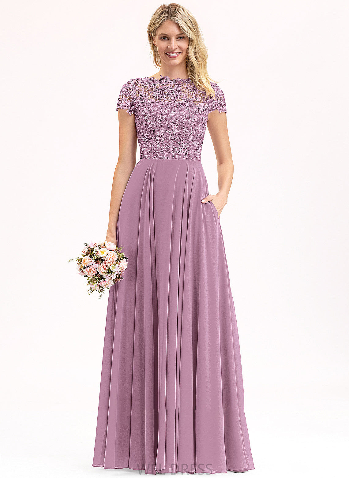 Chiffon With Prom Dresses Lace A-Line Pockets Neck Angelique Floor-Length Scoop