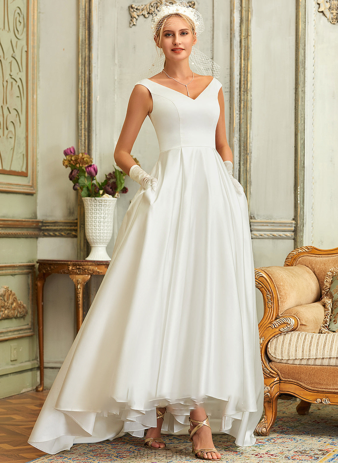 With Ball-Gown/Princess Jocelyn V-neck Dress Pockets Asymmetrical Satin Wedding Wedding Dresses