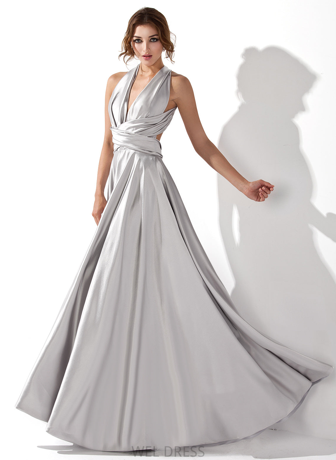 V-neck Charmeuse A-Line Floor-Length Pleated With Tamia Prom Dresses