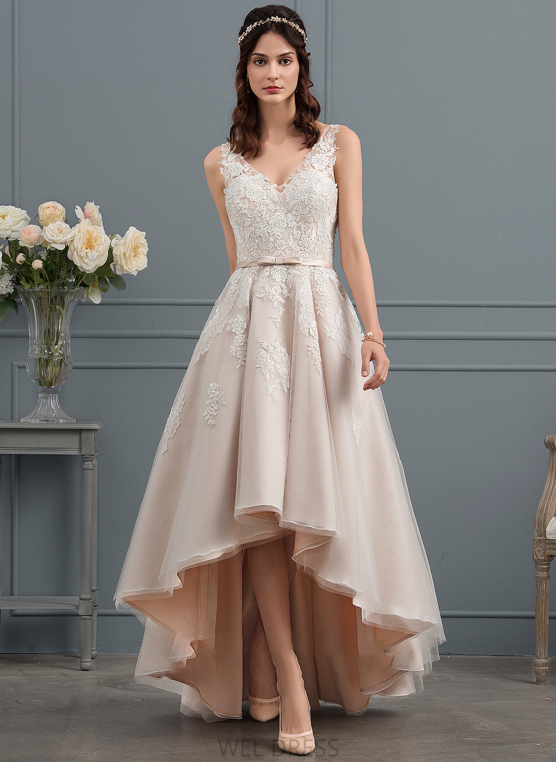 Wedding Lace Kelsie Dress Wedding Dresses V-neck A-Line Bow(s) Tulle With Asymmetrical