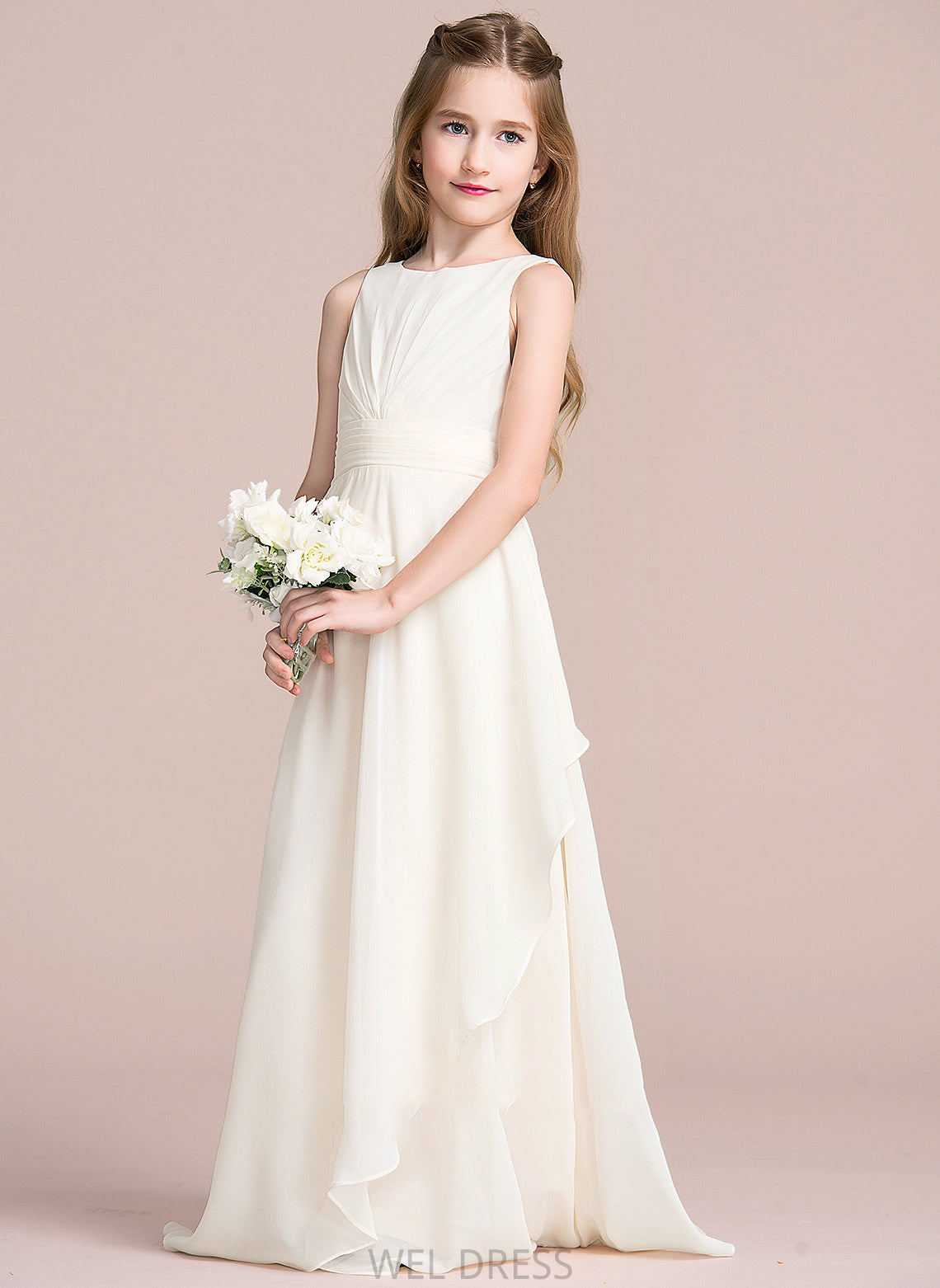 Scoop Junior Bridesmaid Dresses Ruffles Floor-Length Neck With Emelia A-Line Cascading Chiffon