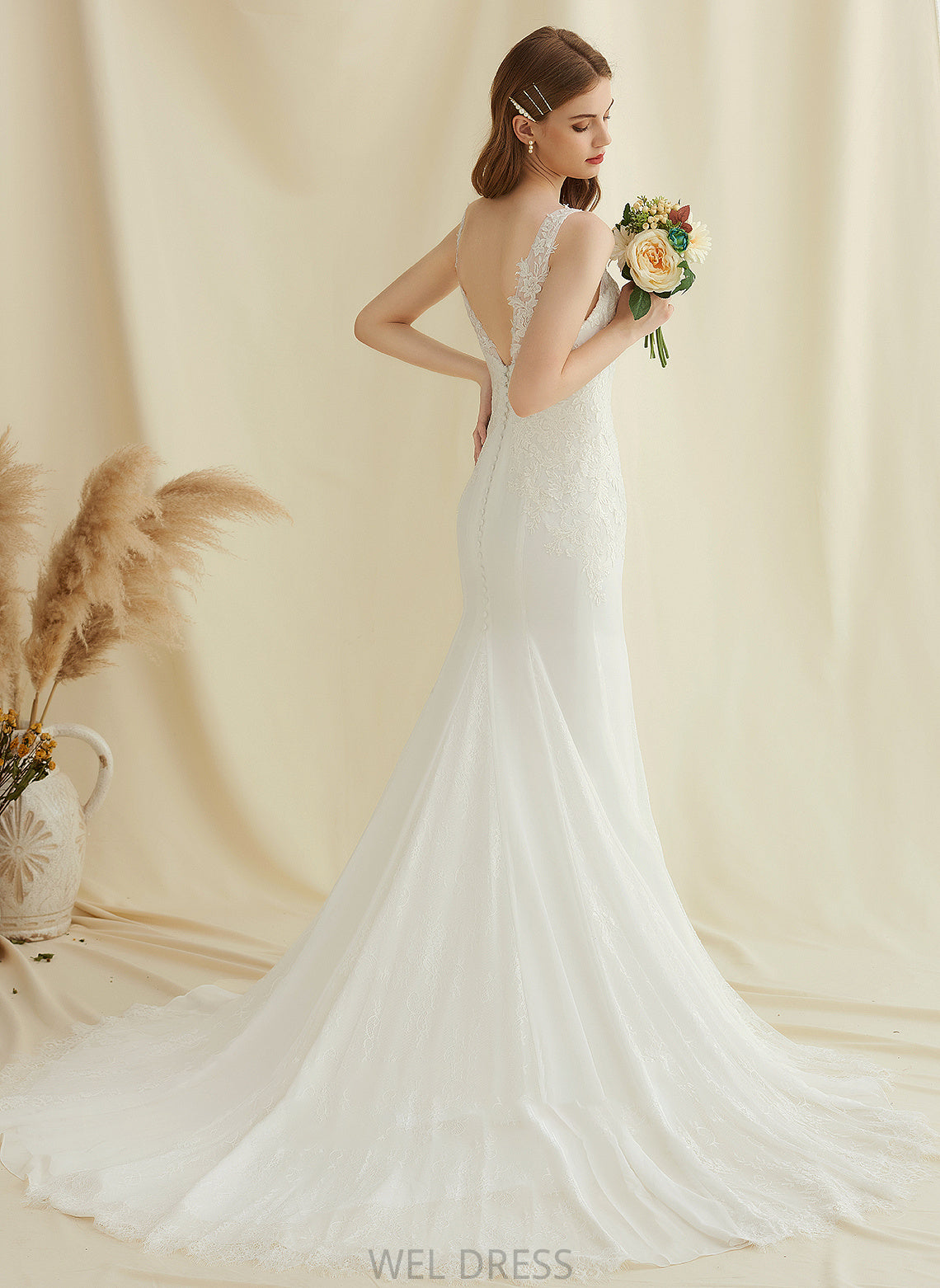 Madilyn V-neck Lace Trumpet/Mermaid Chiffon Wedding Wedding Dresses Dress Train Court