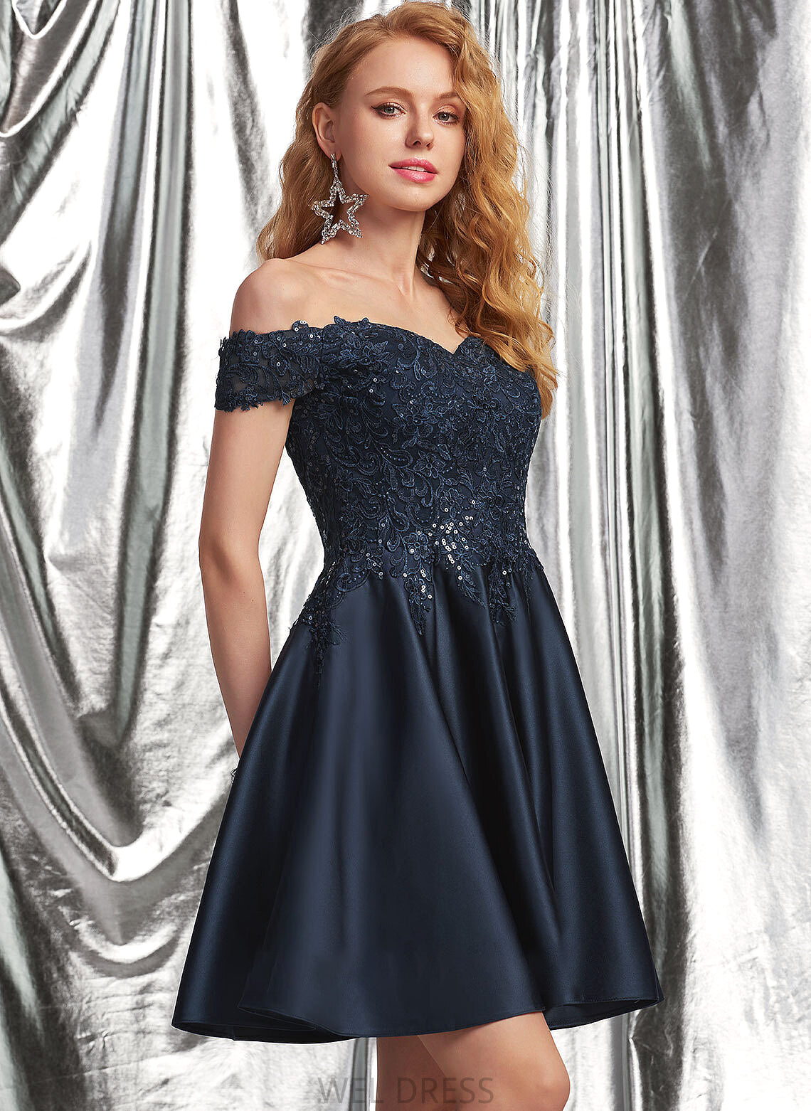 Lace Sequins Sarahi Prom Dresses With Off-the-Shoulder Short/Mini Satin A-Line