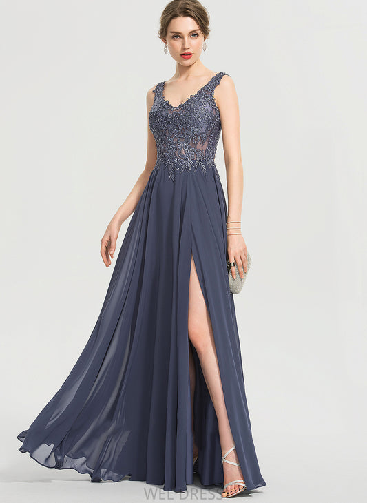 Front A-Line Prom Dresses Split With Sequins Chiffon Floor-Length Cali Beading V-neck