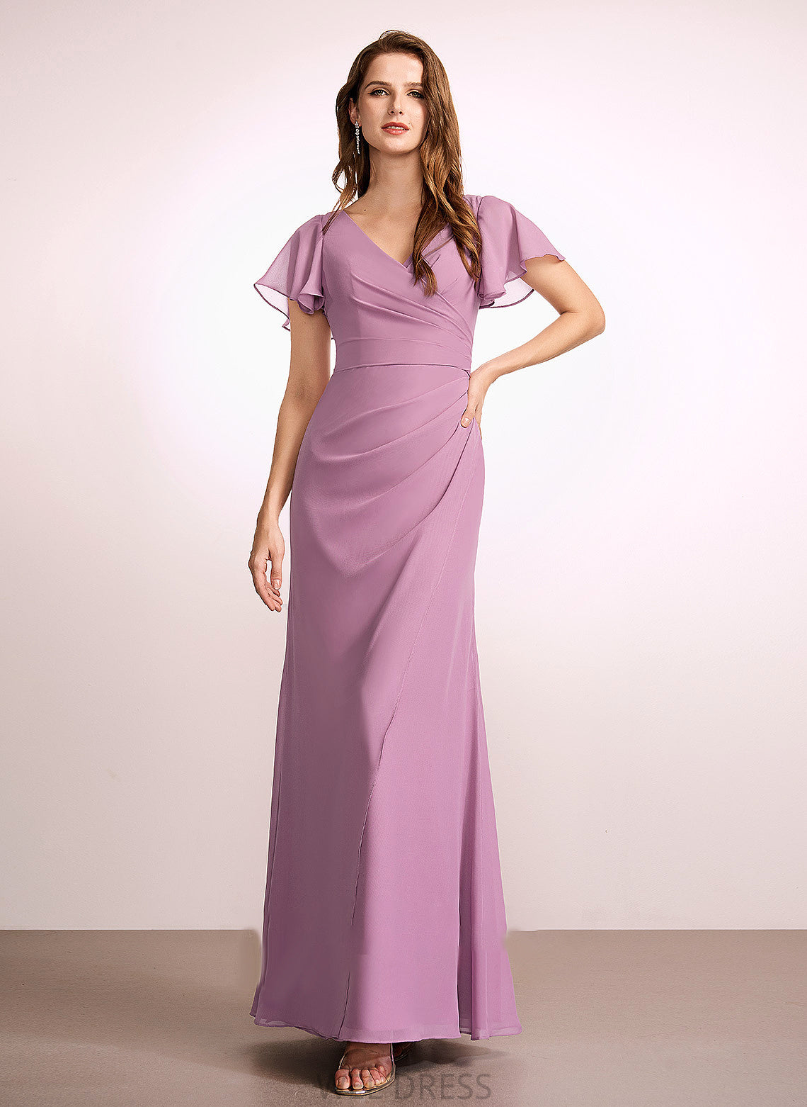 V-neck Sheath/Column Silhouette Fabric Embellishment Ruffle Floor-Length Neckline Length Damaris A-Line/Princess Sleeveless