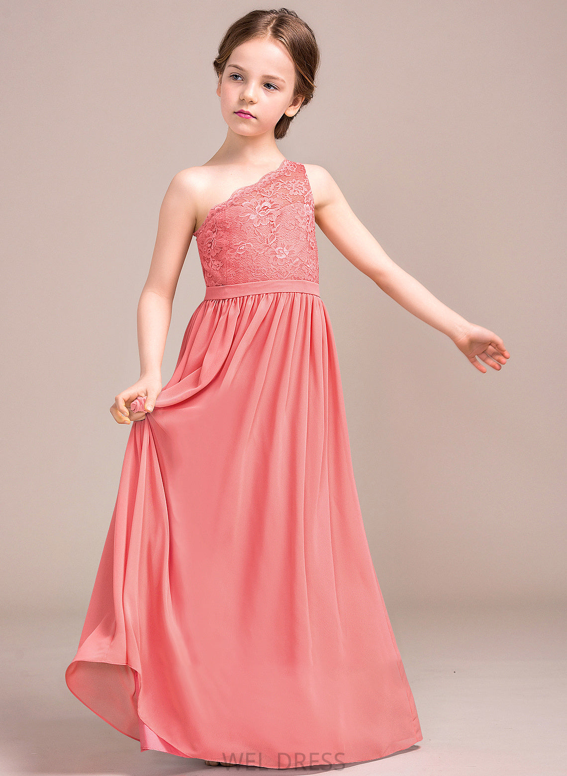 One-Shoulder A-Line Junior Bridesmaid Dresses Chiffon Katie Lace Floor-Length