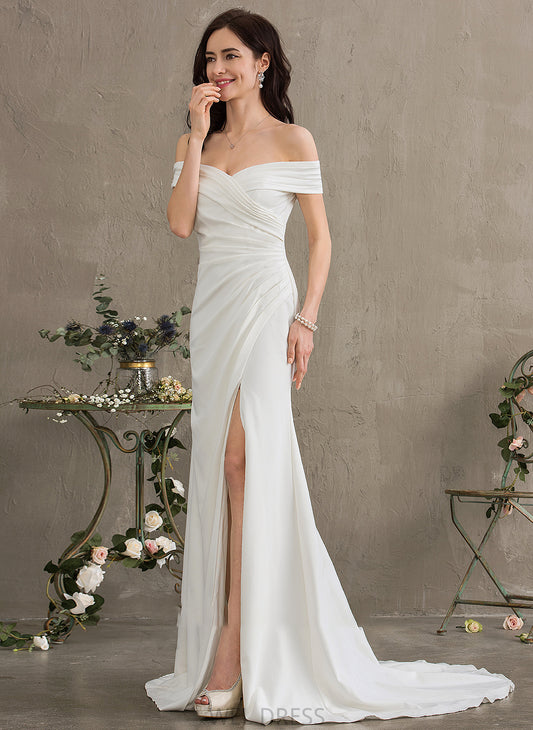 Ruffle Off-the-Shoulder Wedding Dresses Split Sheath/Column Sweep Front With Dress Train Wedding Crepe Aiyana Stretch
