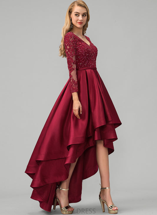 Sequins Ball-Gown/Princess Asymmetrical Satin Jillian Lace Beading V-neck With Prom Dresses