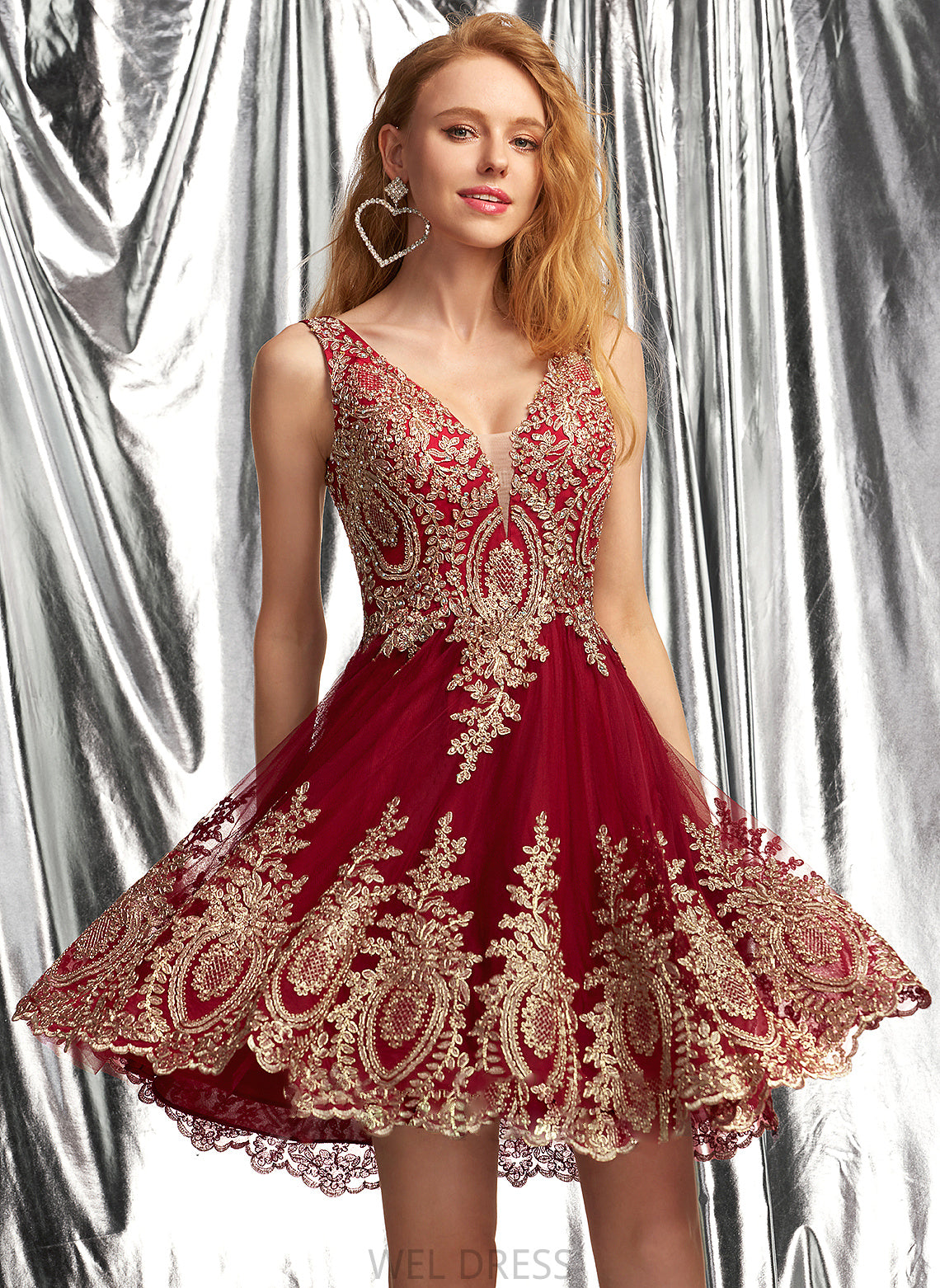 V-neck Lace Prom Dresses Short/Mini Kimberly Appliques A-Line With Tulle