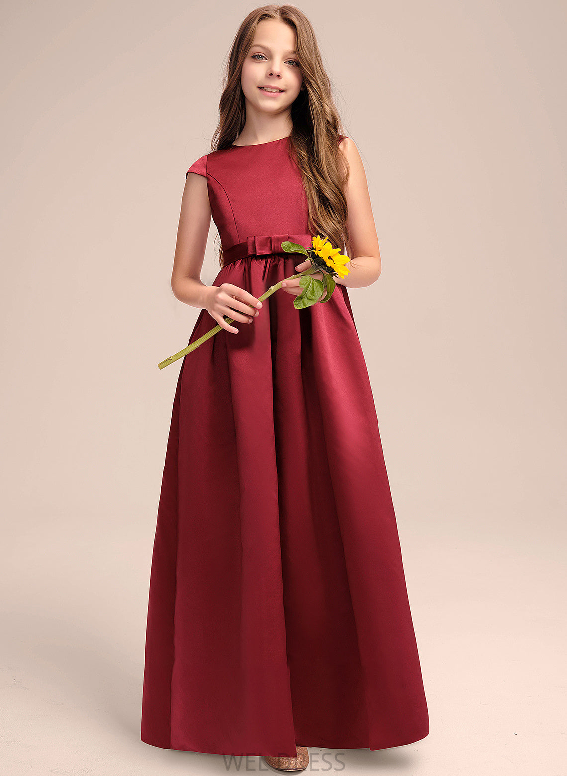 Pockets Scoop Junior Bridesmaid Dresses Neck A-Line Olivia Floor-Length With Bow(s) Satin