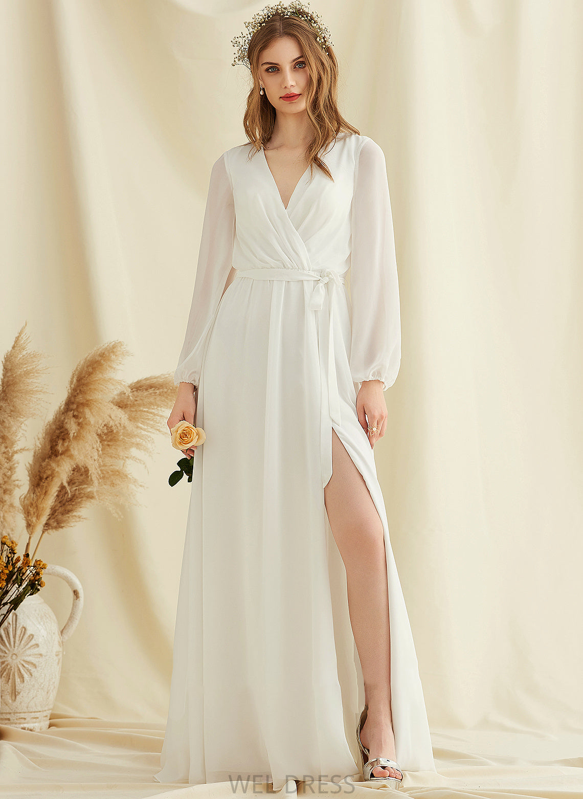 With Split V-neck Wedding Dresses Ava Floor-Length Chiffon Front Dress A-Line Wedding