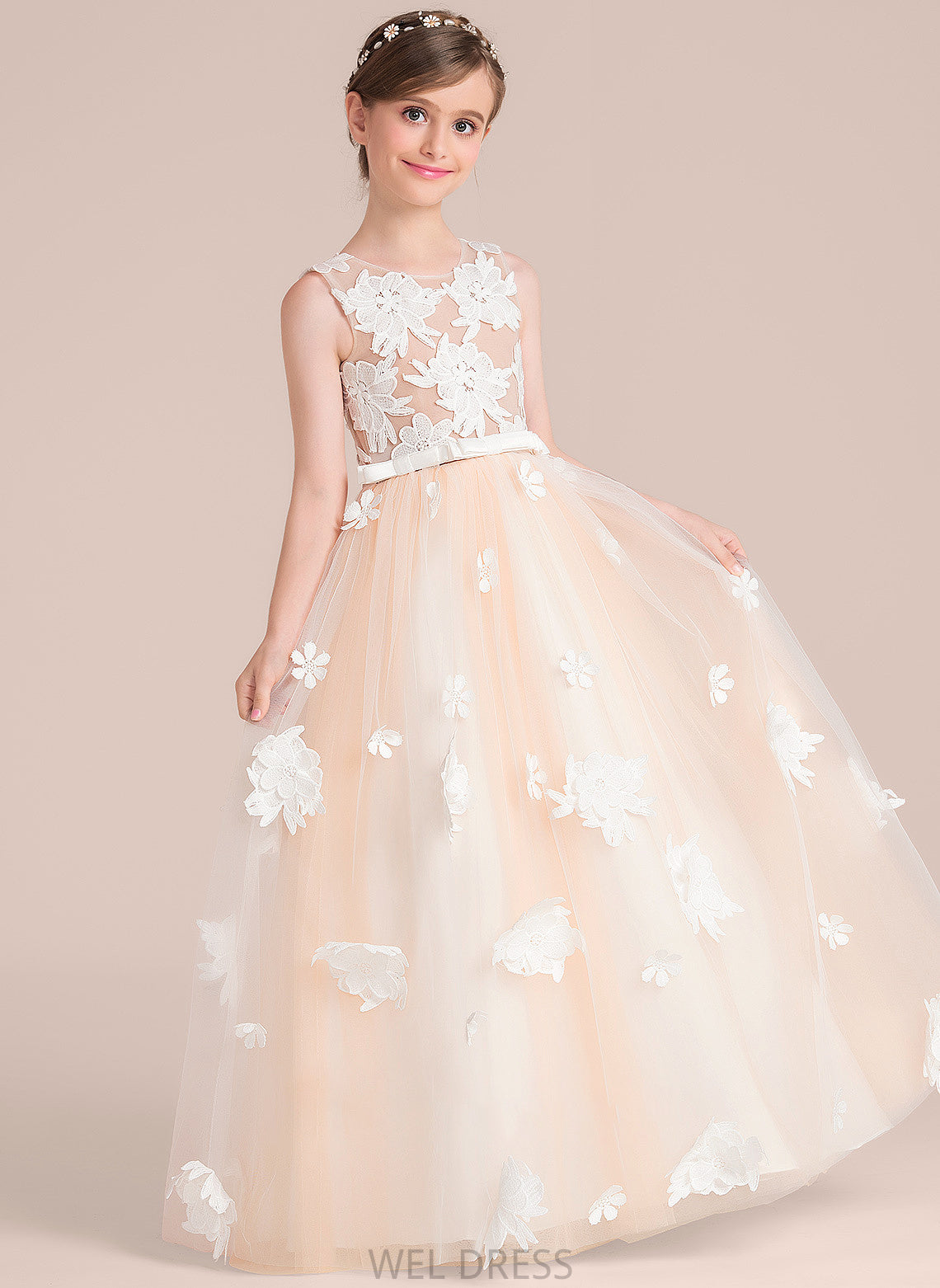 Flower(s) Scoop Kennedi Bow(s) With Neck Ball-Gown/Princess Floor-Length Tulle Junior Bridesmaid Dresses