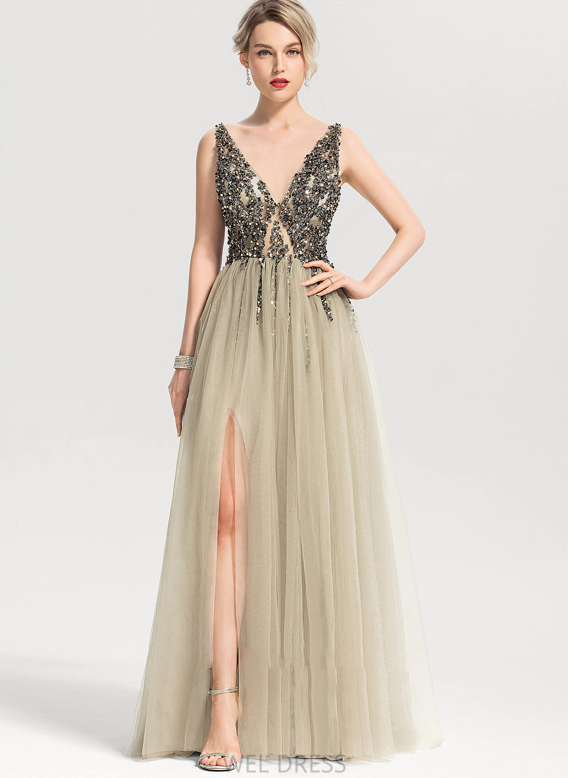 A-Line Prom Dresses Aisha Sequins V-neck Split Floor-Length Tulle With Front Beading
