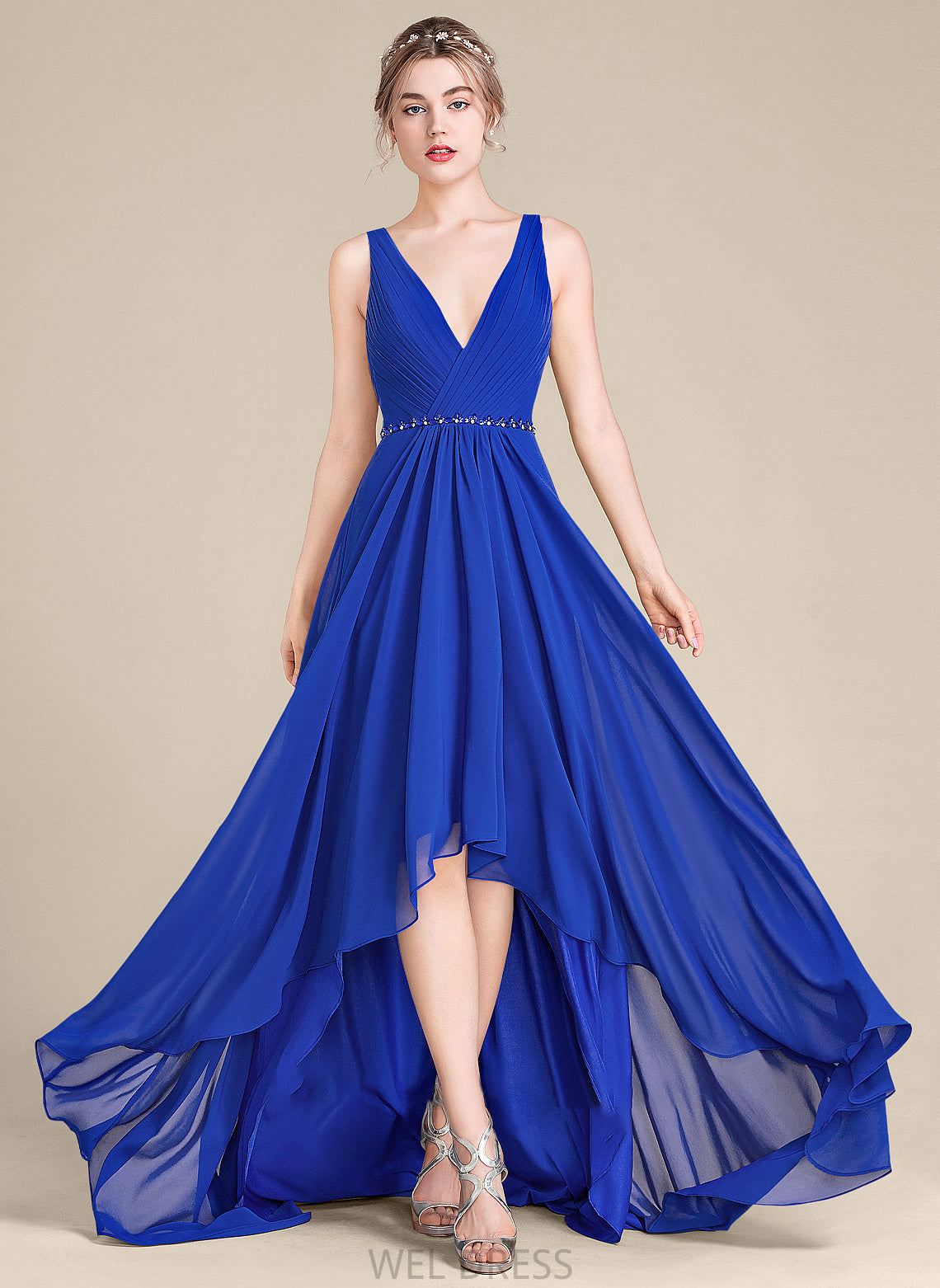Asymmetrical Sequins With Prom Dresses Ruffle Beading Chiffon V-neck Kelsey A-Line