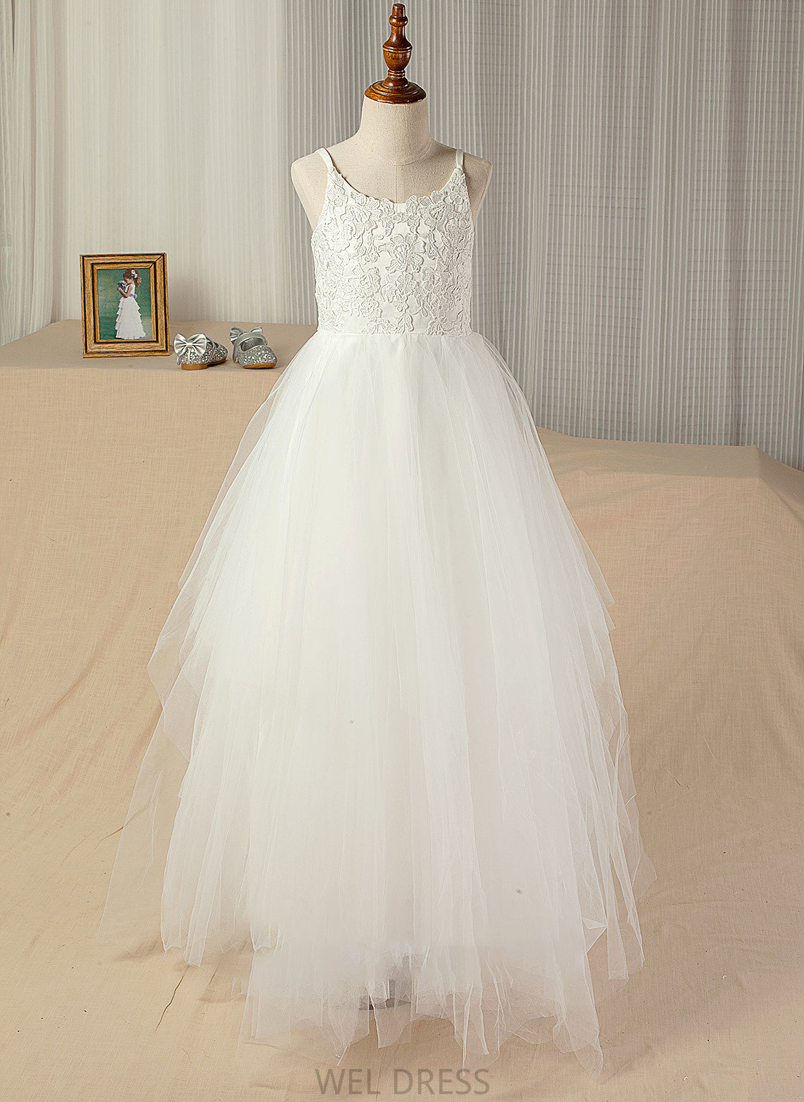 Floor-Length Lace With Lace Neck Junior Bridesmaid Dresses A-Line Logan Scoop Tulle