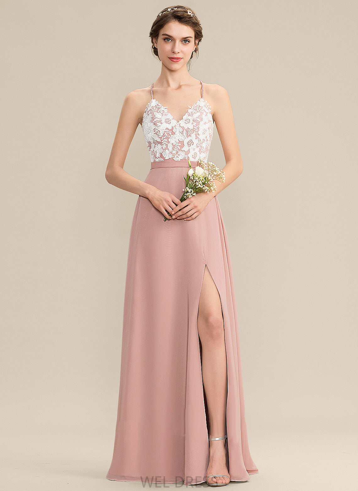 Lace Split Aisha With Front Prom Dresses Floor-Length V-neck A-Line Chiffon