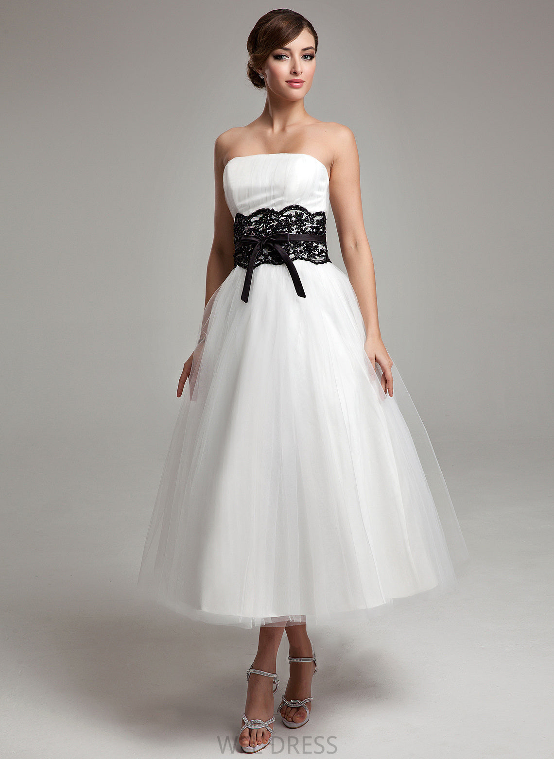 Beading With Sash Tulle Bow(s) Dress Tea-Length Strapless Lace Yareli Ball-Gown/Princess Wedding Wedding Dresses