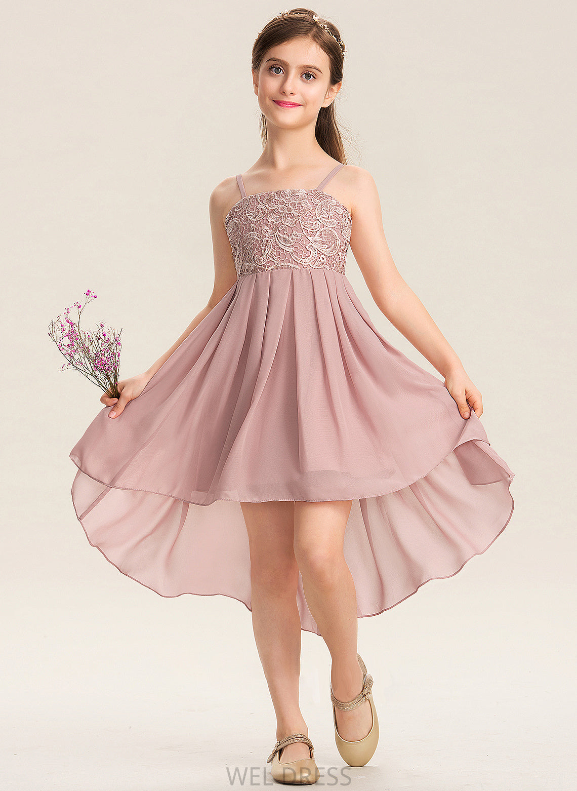 Junior Bridesmaid Dresses A-Line Chiffon Asymmetrical Square Lace Neckline Callie