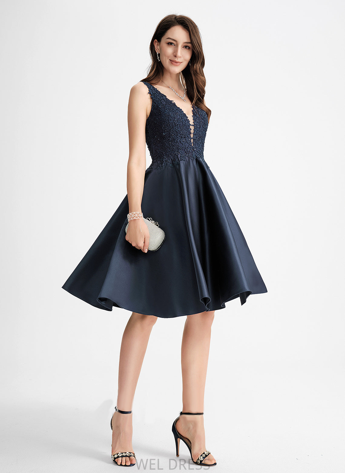 Jadyn A-Line Beading Satin V-neck Dress Homecoming With Lace Knee-Length Homecoming Dresses