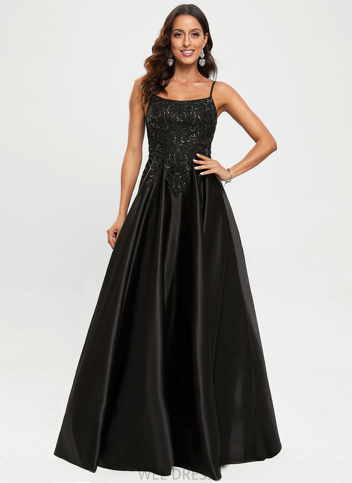 Giada Floor-Length A-Line Satin Prom Dresses Scoop With Sequins