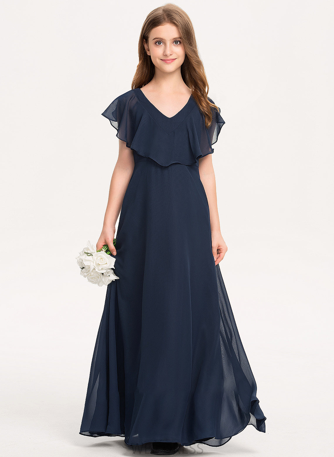 Violet Chiffon Floor-Length A-Line V-neck Junior Bridesmaid Dresses